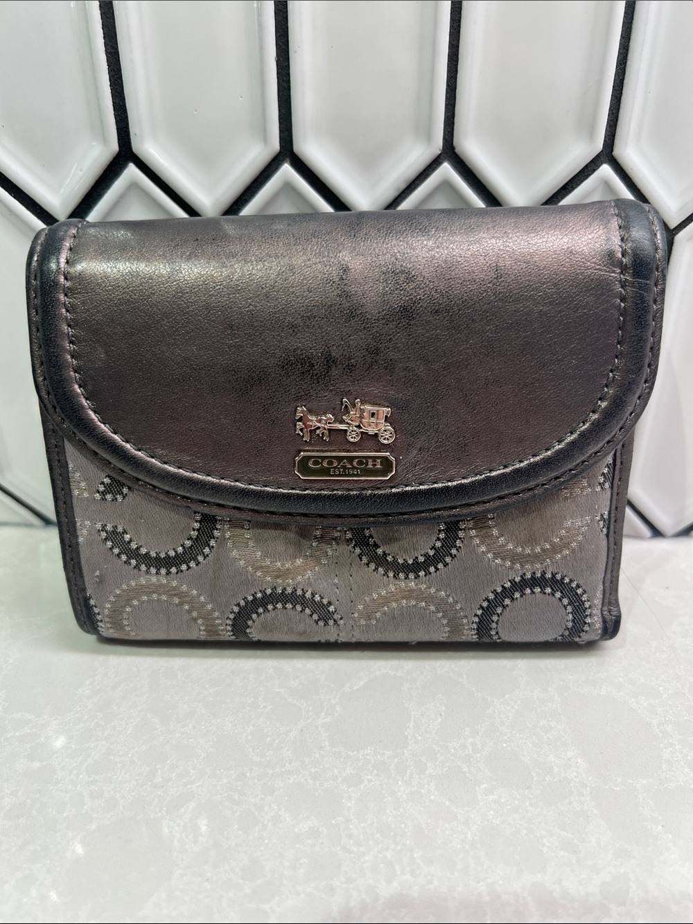 Coach Metallic Gunmetal Compact Wallet with Signature Jacquard